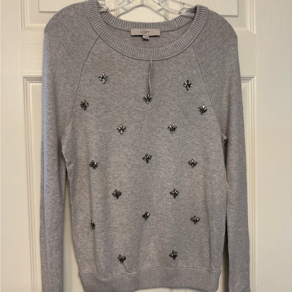 New - LOFT Light Gray Sweater with Jewel Accents - Picture 2 of 4